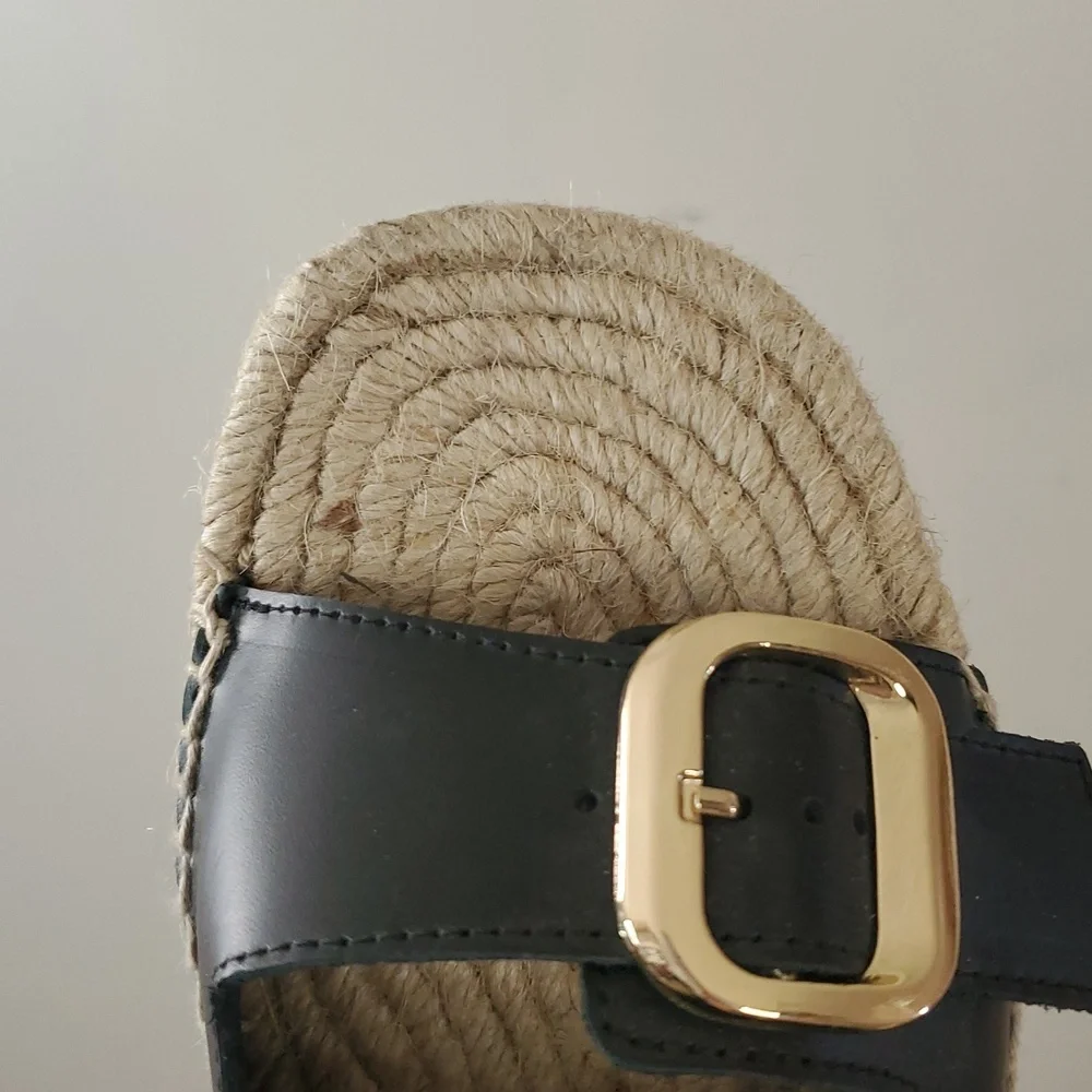 J. Crew Black Leather Block Heel Espadrille Sandals Size 8 Gold Buckle Womens
